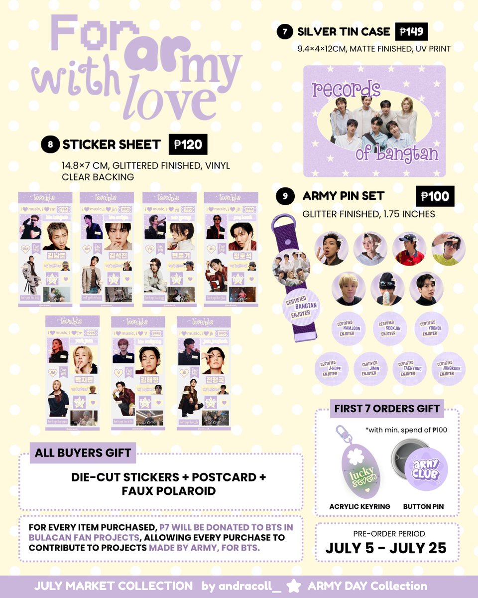 andracoll_'s tweet photo. ⋆.𐙚 ̊  𝐟𝐨𝐫 𝐚𝐫𝐦𝐲, 𝐰𝐢𝐭𝐡 𝐥𝐨𝐯𝐞 ⊹ ࣪ ˖
— full catalogue 

which item are you eyeing the most? 👀

🛍️: opens tom, July 5, 7PM
Every item purchased, ₱7 will be donated to BTS in Bulacan fan projects 💜

🏷️ inch check wts bts anik anik rm jin suga jhope jimin v jungkook https://t.co/ewxZBYArLn