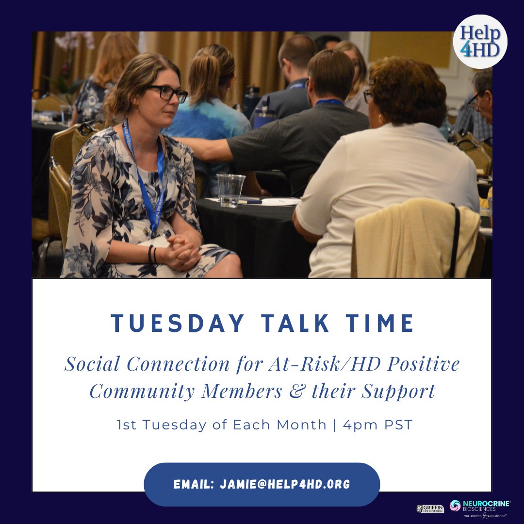 Help4HDI's tweet photo. We want to invite you to this special social hour for #AtRisk/#GenePositive members of the #HD Community &amp; the individuals supporting them on their HD journey!

Tuesday Talk Time
Tuesday 4-5PM PST
Connect with people that "get it"
Details: Jamie@Help4HD.org https://t.co/W8YwUhB9LI