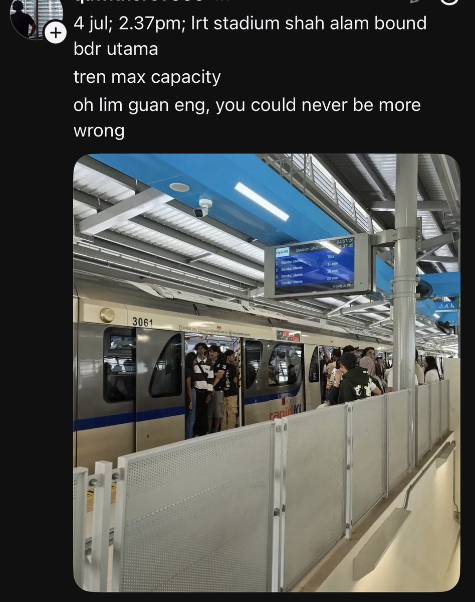 malaysia_covid's tweet photo. Free LRT Shah Alam line aside

But this proves the rakyat will use the public transport so the cost cut and reduce the (train sets + train coach) was a really bad move by previous government back then whos in charge of the cost cutting

You dont cut cost by reducing needed trains https://t.co/uB7Au8u6a7