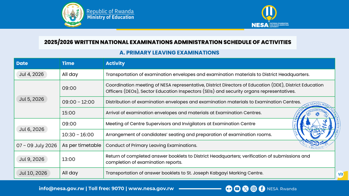 NESA_Rwanda's tweet photo. As the 2025/2026 Primary Leaving Examinations (PLE) draw closer, stay informed by reviewing the official Schedule of Activities and Examination Timetable. 

Best wishes to all candidates as they prepare!
#PLE2026 https://t.co/ir1R5ioEq0