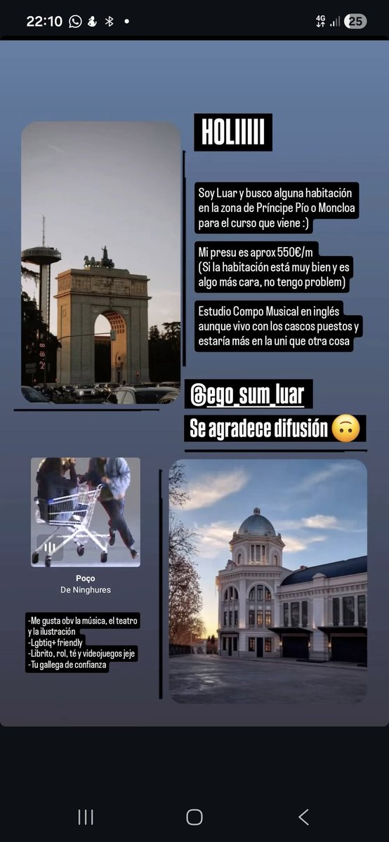 LuarThoughts's tweet photo. Holiii

Estoy buscando piso/habitación en Madrid (zona Príncipe Pío/Moncloa) para el curso que viene 26/27. Si estás buscando compañera contactadme, un RT también se agradece mucho 🌈🌊🪼✨️🩵
#Madrid #pisomadrid #ucm #alquilermadrid https://t.co/RjrNS824b3