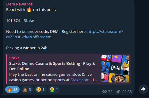 Demaux's tweet photo. 🎁 10$ @Stake Giveaway 🎁

- RT, &amp; like
- Drop SOL addy.

Join Telegram (Link in the reply) https://t.co/ZLvUBasYDu