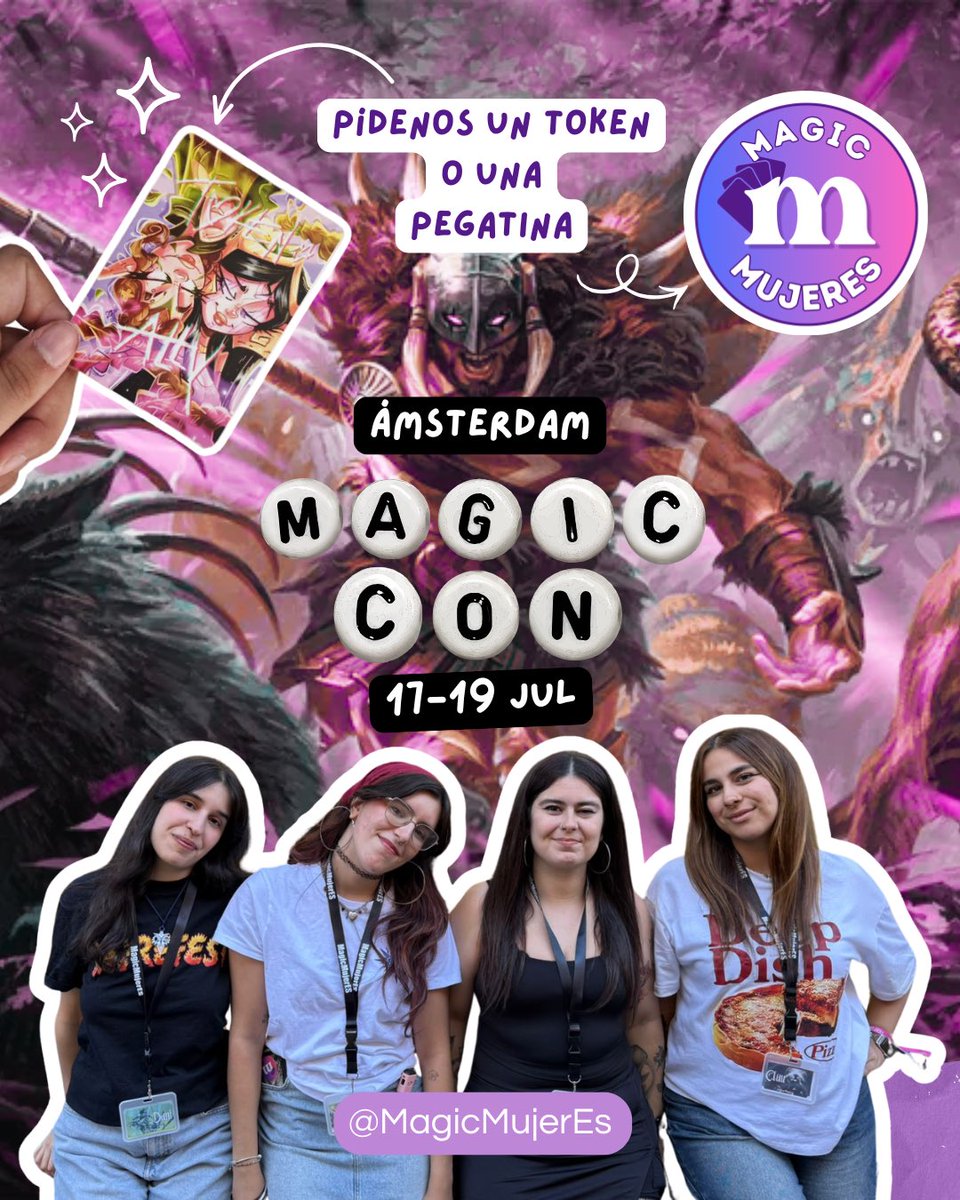 MagicMujerES's tweet photo. ¡Nos vamos a la MagicCon! ✨💜
Estaremos viviendo la MagicCon, jugando y representando la comunidad.

Ven a saludarnos y pídenos un token o una pegatina. Nos hará mucha ilusión conoceros y compartir Magic desde un espacio más seguro, inclusivo y bonito.
Nos vemos en Amsterdam ❤️ https://t.co/6P2XHKlLyl