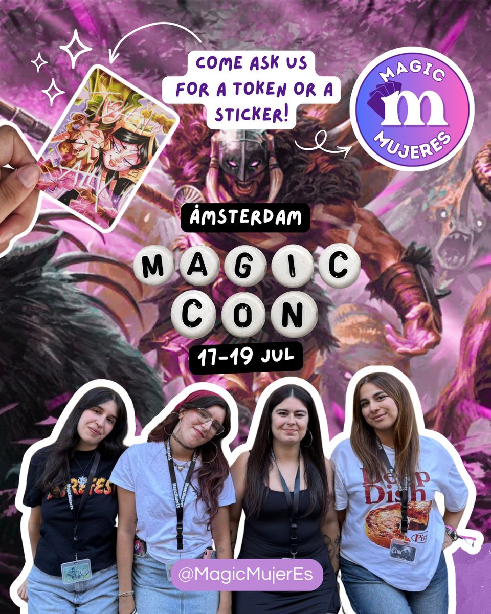 MagicMujerES's tweet photo. ¡Nos vamos a la MagicCon! ✨💜
Estaremos viviendo la MagicCon, jugando y representando la comunidad.

Ven a saludarnos y pídenos un token o una pegatina. Nos hará mucha ilusión conoceros y compartir Magic desde un espacio más seguro, inclusivo y bonito.
Nos vemos en Amsterdam ❤️ https://t.co/6P2XHKlLyl