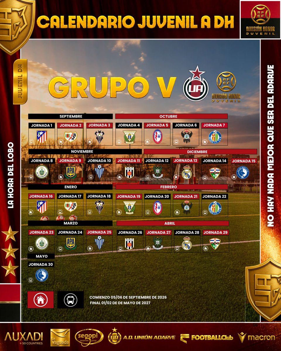 UnionAdarve's tweet photo. 👦🏻 𝐂𝐀𝐍𝐓𝐄𝐑𝐀 | ¡Ya hay calendario!

💪🏼 El Juvenil A conoce todos sus enfrentamientos ligueros en División de Honor

🐺 ¡Vamos a ir con todo! https://t.co/rSQZkAAI30
