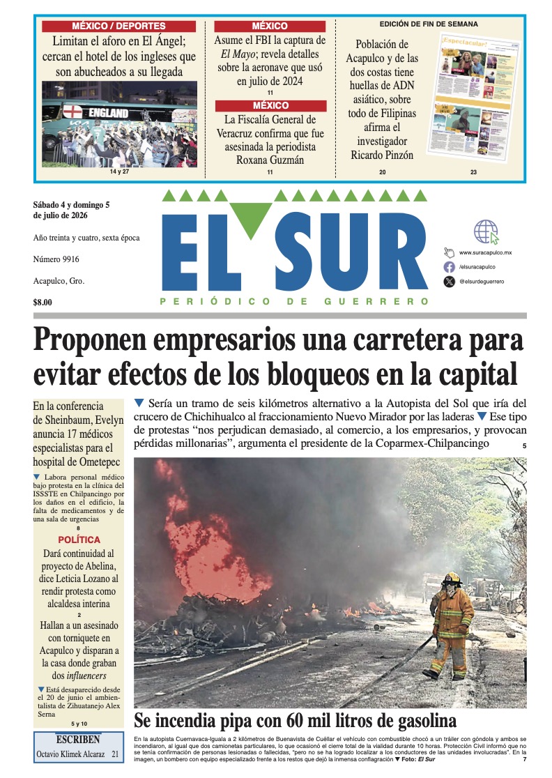 elsurdeguerrero's tweet photo. 🔻🔻 Las noticias al instante y la edición impresa de hoy 4 de julio de 2026
🔻🔻https://t.co/CVyEtnTxD3
Mantente informado, suscríbete a nuestro canal de difusión en WhatsApp : https://t.co/OAGLIVvwcg
#Acapulco #Chilpancingo #Guerrero #México #Zihuatanejo #Ixtapa https://t.co/s4kuUBWOuQ