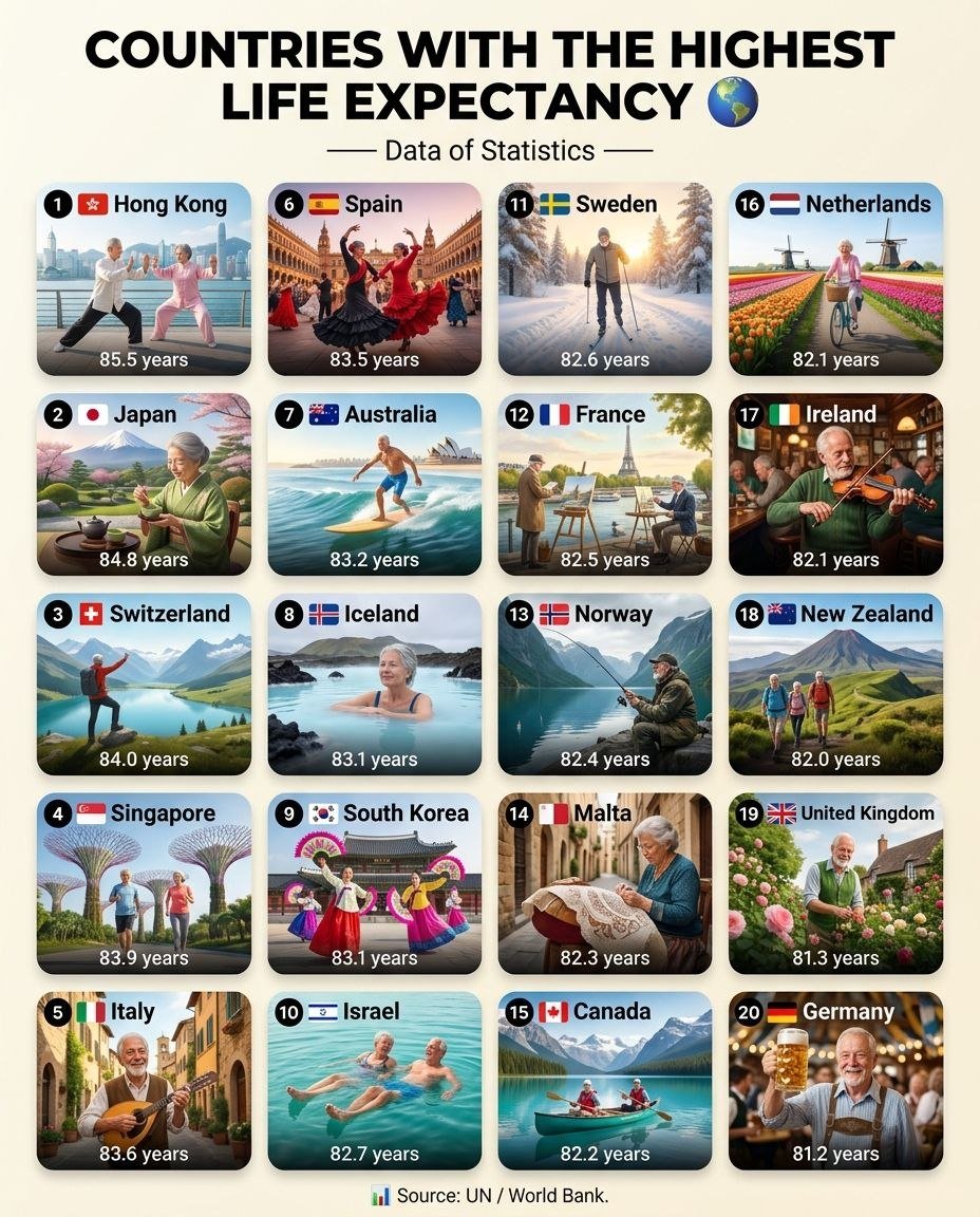 DataOfStats's tweet photo. Countries with the Highest Life Expectancy 🌎

1. 🇭🇰 Hong Kong ~ 85.5 years
2. 🇯🇵 Japan ~ 84.8
3. 🇨🇭 Switzerland ~ 84.0
4. 🇸🇬 Singapore ~ 83.9
5. 🇮🇹 Italy ~ 83.6
6. 🇪🇸 Spain ~ 83.5
7. 🇦🇺 Australia ~ 83.2
8. 🇮🇸 Iceland ~ 83.1
9. 🇰🇷 South Korea ~ 83.1
10. 🇮🇱 Israel ~ 82.7
11. 🇸🇪 Sweden ~ 82.6
12. 🇫🇷 France ~ 82.5
13. 🇳🇴 Norway ~ 82.4
14. 🇲🇹 Malta ~ 82.3
15. 🇨🇦 Canada ~ 82.2
16. 🇳🇱 Netherlands ~ 82.1
17. 🇮🇪 Ireland ~ 82.1
18. 🇳🇿 New Zealand ~ 82.0
19. 🇬🇧 United Kingdom ~ 81.3
20. 🇩🇪 Germany ~ 81.2

📊 Source: UN / World Bank.