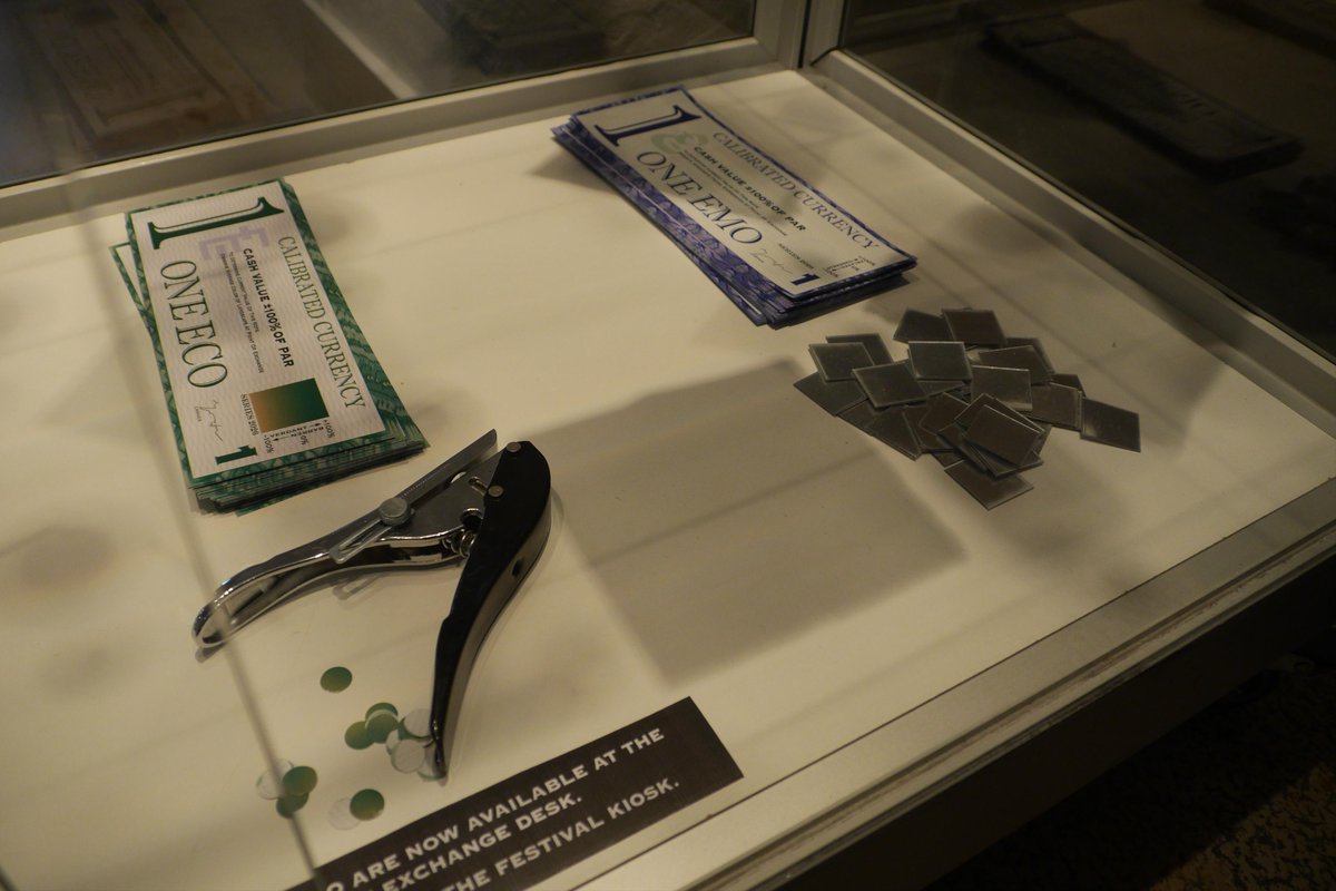 Merzmensch's tweet photo. MUSEUM. Legerdemain for the invisible hand. A fascinating exhibition of diverse currency - historical, absurd, fictional, invented. @jonathonkeats present- as scientist, philosopher and artist the surreal world of (mis)trust towards (de)value of money. Festival der Zukunft #fdz https://t.co/EpohsgtDpm