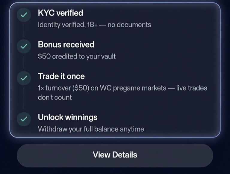 smolwyne's tweet photo. How to Withdraw Your FREE $50 👇

If you joined @Predictstreet when I shared it and completed KYC, you should have received your FREE $50 bonus.

Update: Some users are now receiving $20 or $10 instead of $50.

Once your bonus arrives:
– Go to Events
– Choose any pregame World Cup match
– Use your entire bonus in a single prediction

⚠️ Important:
You only need 1× turnover.

That means:
– $50 bonus → Predict with the full $50
– $20 bonus → Predict with the full $20
– $10 bonus → Predict with the full $10

❌ You don't need $100 trading volume.
❌ You don't need to deposit your own money.

If your prediction wins:
Your bonus + profit becomes withdrawable.

Example:
– $50 bonus → Win $20 → Withdraw $70

–If your prediction loses, the bonus is gone.

So, comment your screenshot below 👇

– Did you receive $50, $20, or $10?
– Or are you still waiting?

And if you already placed your bet:

– Did you win?
– Were you able to withdraw your bonus + winnings?

📸 Comment your screenshot so others can verify the process.

Here is FREE $50 to $10 Guide: https://t.co/nLxZWrb0ub

Like, repost & share ❤️‍🩹