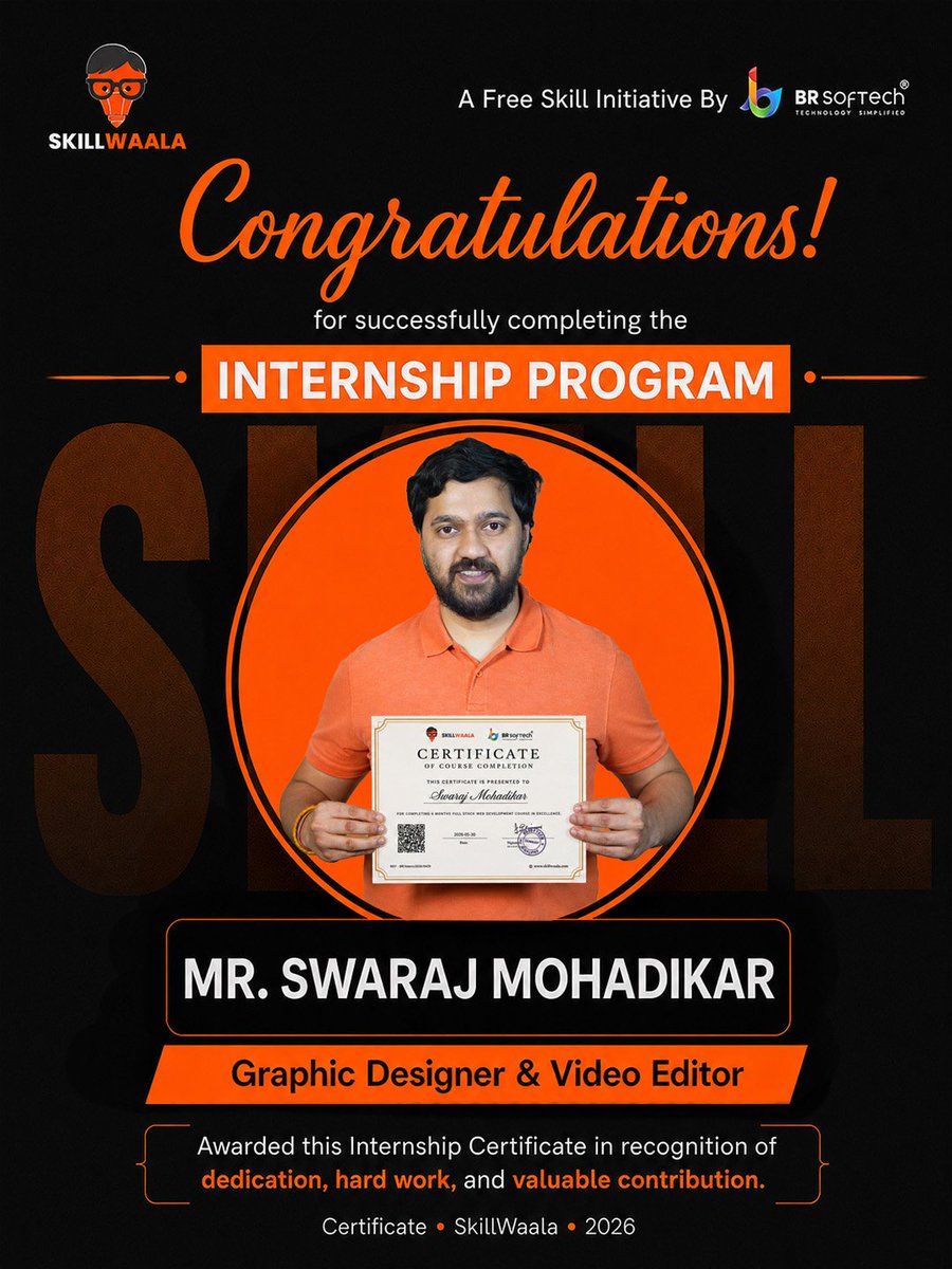 skillWaala's tweet photo. Another success story! Congratulations to Mr. Swaraj Mohadikar on completing his internship and getting placed as a Graphic Designer &amp; Video Editor. 

#SkillWaala #Placement #Success https://t.co/SRmcAQsnod