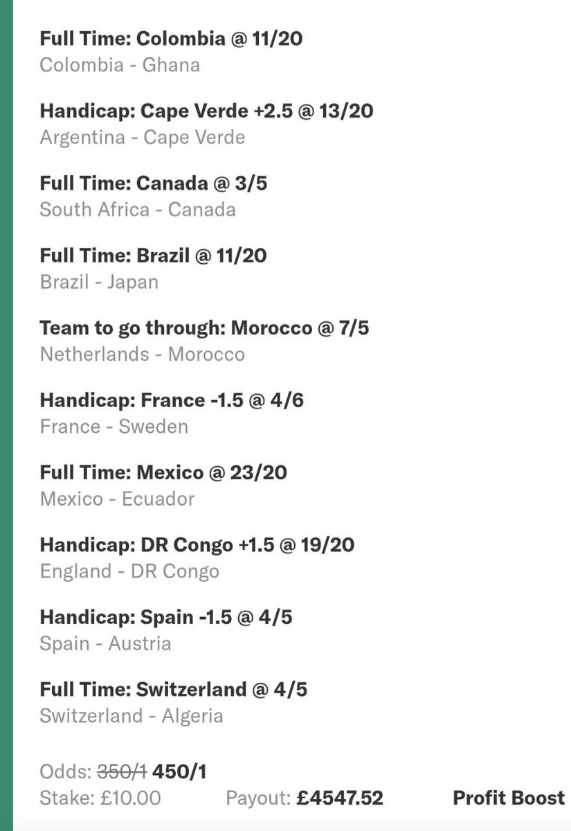 ilmarginebet's tweet photo. How’s your World Cup going? Mine’s not too bad… 😅
£10 ➝ £4,547.52
450/1 acca landed.
The beautiful game. 🫡
#worldcup #wcbets #worldcupbets https://t.co/uzkv1mLCq9