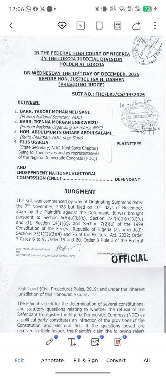 ChidiOdinkalu's tweet photo. To understand how scandalously corrupt this ruling of 26 June by Isa Dashen of @FederalHigh is, you have to read his original judgment of 10 Dec 2025.

On pages 20-21 of that judgment, the judge determined that the Peace Movement Party (PMP) did not arise in the case & was both "belated" & an "impermissible afterthought".

On the issue of logo, he held explicitly that the Constitution "does not empower INEC to reject a logo merely because it resembles that of an existing party."

5 months later, the same judge empowered himself to reject a party merely because a person not party to the case alleged that its logo resembled that of a non-existing party. 

#NoBeJujuBeDat?!
#Lifusprudence