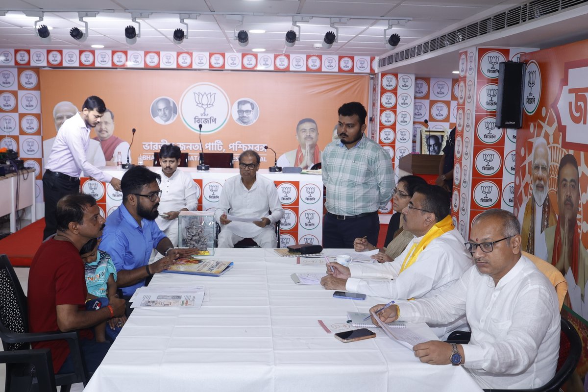 BJP4Bengal's tweet photo. Today at  ‘Janata Darbar’ organized at the State BJP Headquarters in Salt Lake, Honorable Chief Minister Shri @SuvenduWB  attentively listened to the grievances, problems, and demands of the common people, assuring the citizens present of a swift and effective resolution to their various issues, he conveyed a message of always standing by their side.