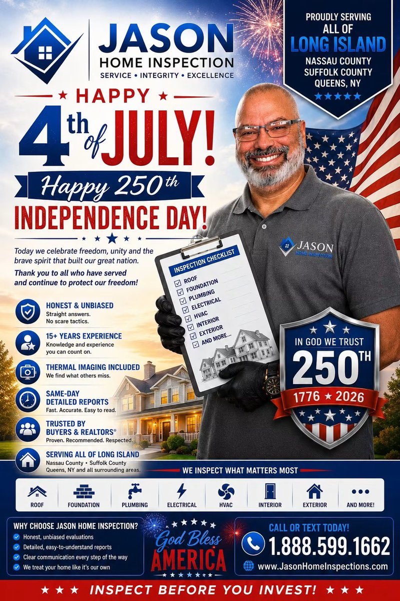 JEscoabar's tweet photo. Wishing everyone a safe and memorable 250th Independence Day. As you celebrate with family and friends, remember that protecting your home is just as important as honoring our history. Proud to serve Nassau County and beyond. https://t.co/GqkRFB88Nb
