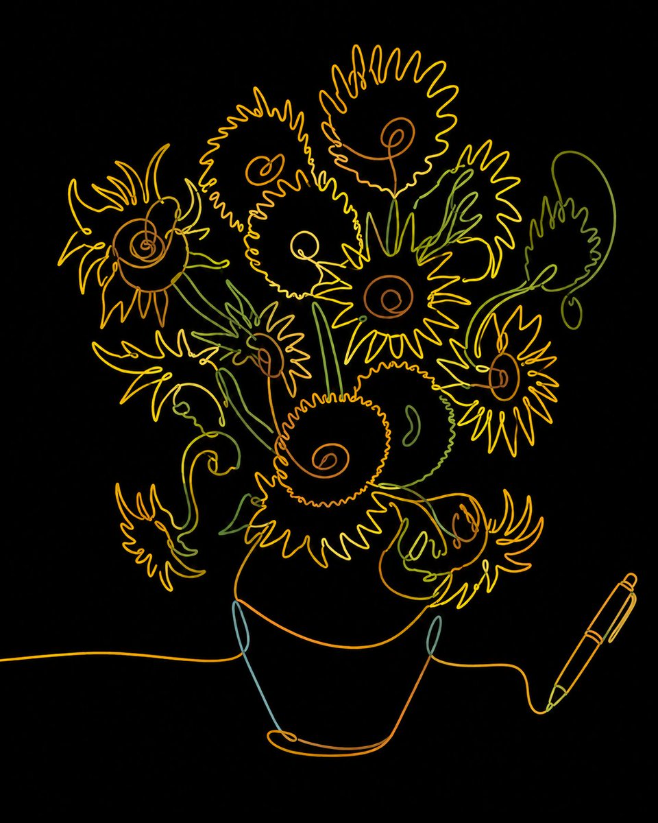 teadajp's tweet photo. 名画を、一本の線に。

ゴッホ《ひまわり》
One Line, One Masterpiece.

#VanGogh #OneLineArt #DigitalArt https://t.co/MHPx1JNp3g