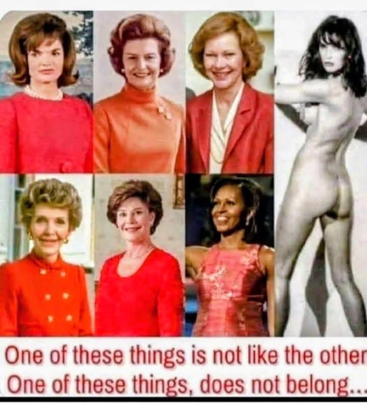 mfw5301's tweet photo. @0laratrumpRv2 A trash dumpster has more class than Melania. https://t.co/BdI4k3VJli