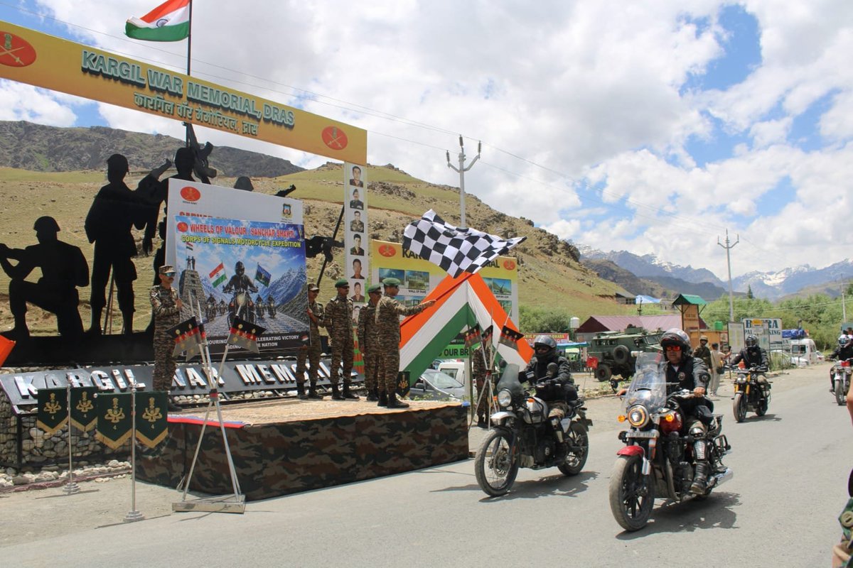firefurycorps's tweet photo. 🚴‍♂️🇮🇳 From Delhi to Dras : A Journey of Valour and Remembrance

On 04 Jul 2026, the Wheels of Valour – Sanchar Shakti Motorcycle Expedition of the Corps of Signals reached the Kargil War Memorial, Dras, on the 12th day of its expedition after commencing from Delhi. Traversing Ambala, Firozpur, Jalandhar, Gurdaspur, Yol, Palampur, Manali, Padam and Kargil, the expedition formed part of the 27th Kargil Vijay Diwas Commemorations.

Comprising 24 riders, the expedition negotiated diverse terrain, steep mountain passes and the rugged Himalayan landscape with determination and discipline. At the hallowed Kargil War Memorial, the team paid solemn homage to the Bravehearts of Kargil, honouring their supreme sacrifice and reaffirming the enduring spirit of courage, remembrance and Nation First.

@adgpi
@NorthernComd_IA
@ANI

#KargilVijayDiwas2026 
#IndianArmy 
#WheelsOfValour 
#SancharShakti 
#CorpsOfSignals #KargilWarMemorial 
#NationFirst
