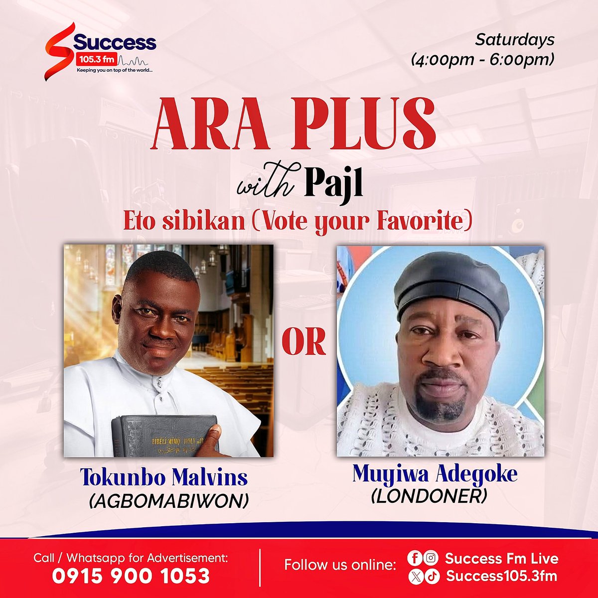 success1053fm's tweet photo. Your weekend favourite, Ara Plus, is hitting the airwaves again today by 4pm!
TOKUNBO MARVIS and MUYIWA ADEGOKE ‘LONDONER ’. Both have thrilled audiences with their comic characters
👑 Who would you choose as our Ọ̀bá Àrà of the Week?
#ObaAraContest #Tosibikan #Araplus https://t.co/TQMh6ODMW8