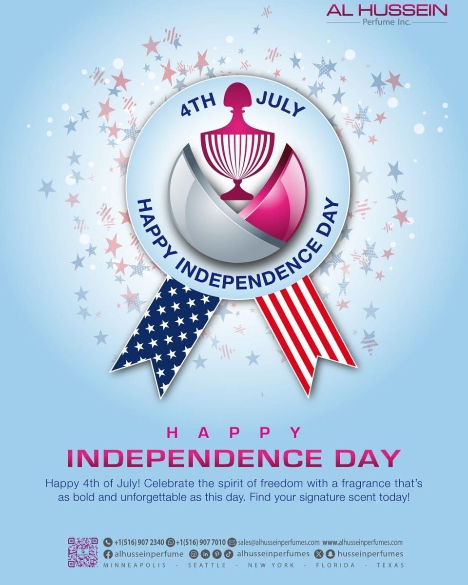 husseinperfume's tweet photo. Happy 4th of July🇺🇸 Celebrate the spirit of freedom with a fragrance that's as bold and unforgettable as this day 🎆

#alhusseinperfumes #independenceday https://t.co/qBTwsTYwuG
