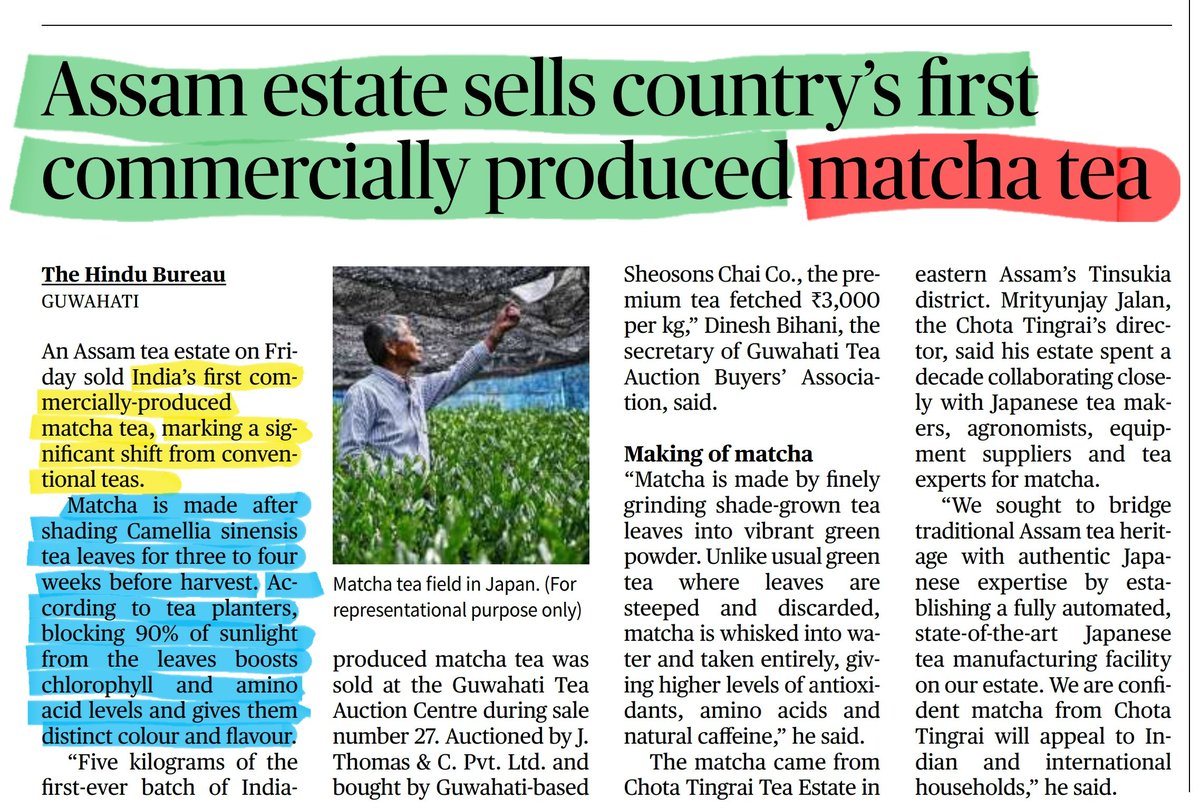jagmohanmehta's tweet photo. Assam became the first state in India to commercially produce Matcha tea.

Matcha is a finely powdered green tea made from specially cultivated shade-grown leaves of Camellia sinensis.

Read The Hindu Article

#MatchaTea #Assam #UPSC #PIB https://t.co/STIxGUsNiS