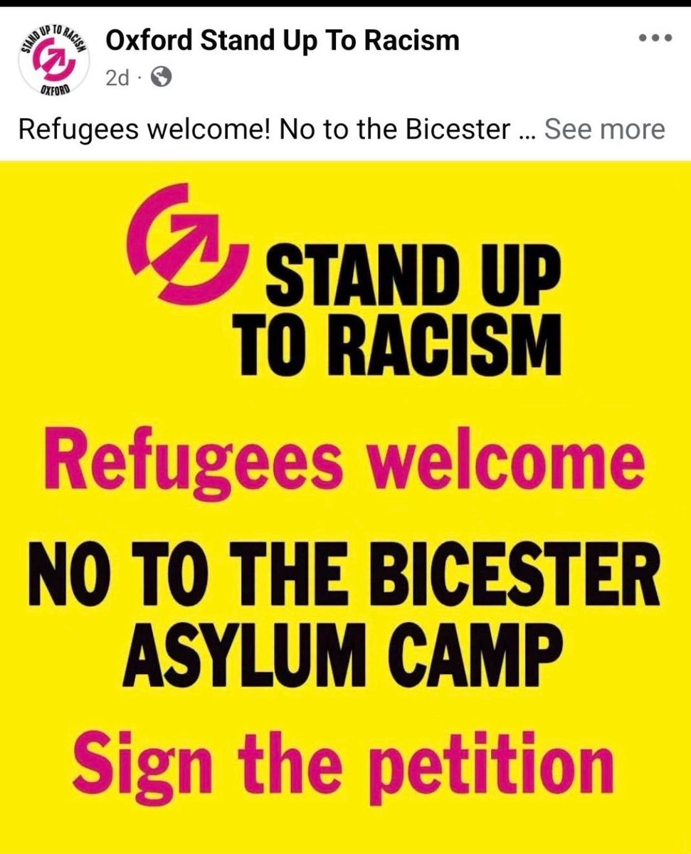 NoLongerTheFuzz's tweet photo. 1/ Oxford Stand Up To Racism dropping the mask in real time is fucking hilarious. 😹 
“Refugees Welcome!” they’ve screamed for years.
Now a 1,250-bed asylum camp for single adult males is planned near Bicester and they’re having an absolute meltdown launching petitions against it. 
The absolute state of these libtard lefties 😂