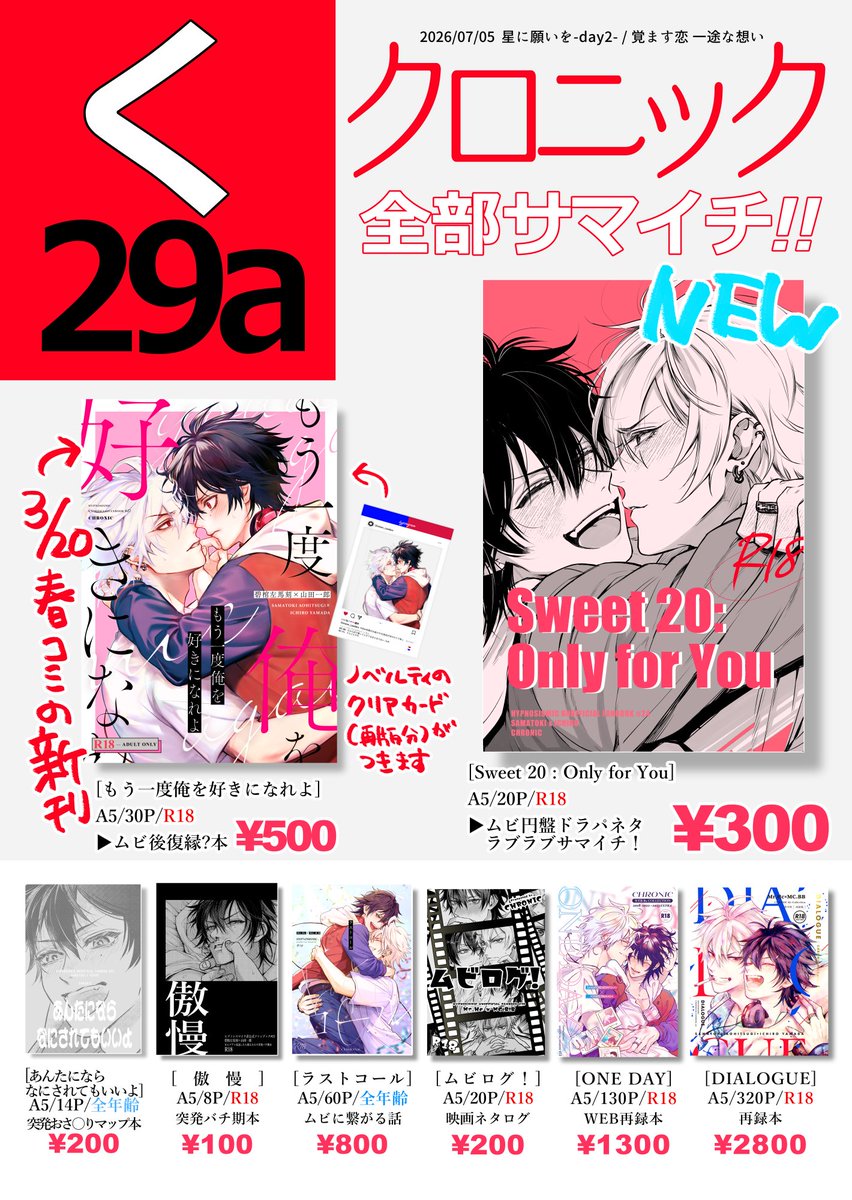 karakara1123's tweet photo. 🌠7/5星願のお品書き 🐴1⃣
東1ホール・く29a［クロニック］で参加します
机の上ALLサマイチ！全部サマイチ！世界はサマイチ！
年齢指定の本をご購入の際は年齢確認にご協力ください。
リプ欄に補足つけます

https://t.co/fxLdb3NEnJ
↑こちらに既刊サンプル一覧まとめてます

https://t.co/rS9427fSgP https://t.co/qKoTz3wbLd