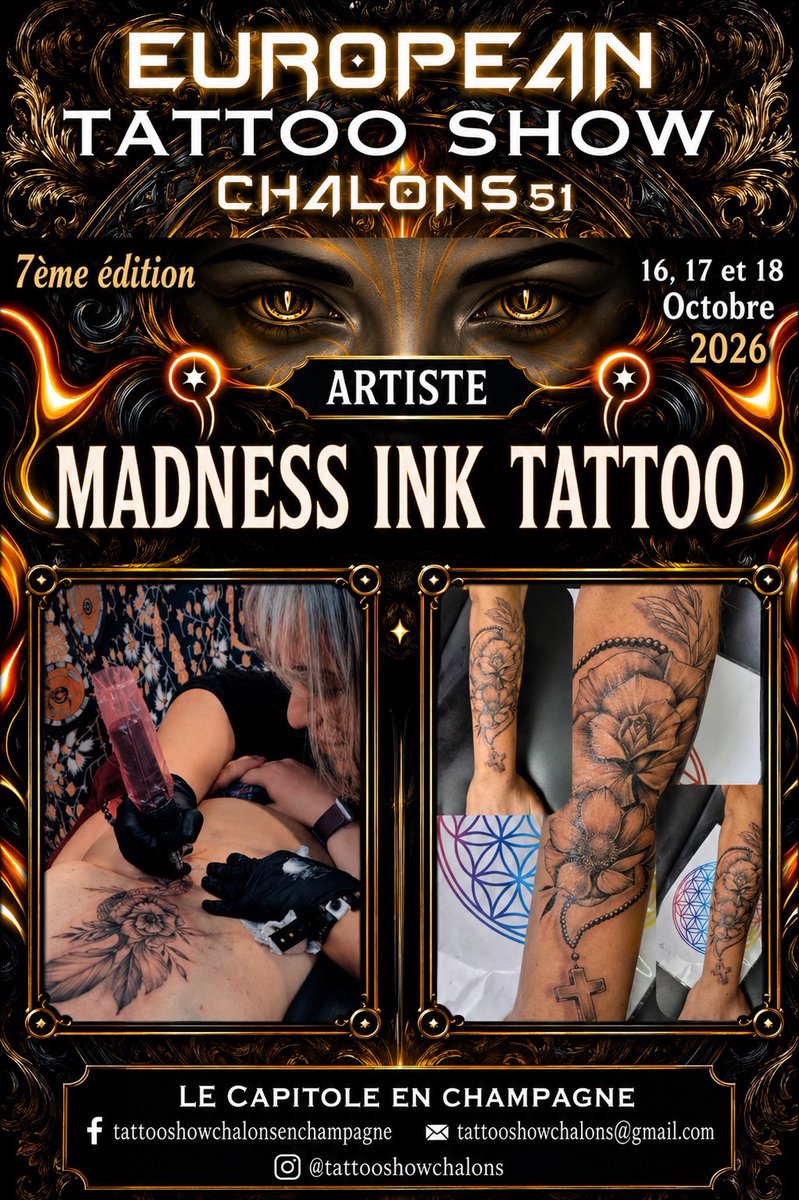 ConventionInk's tweet photo. 🔥 EUROPEAN TATTOO SHOW - CHÂLONS51🔥

Nous vous présentons IG : @madness_ink_tattoo_741 qui sera présente les 16, 17 et 18 octobre 2026 à la 7ème édition de l'EUROPEAN
TATTOO SHOW N'hésitez pas à la contacter pour vos projets.

#chalons51 #ink #fyp #convention #tattoodesign #tatouage #tattooartist #tattoo