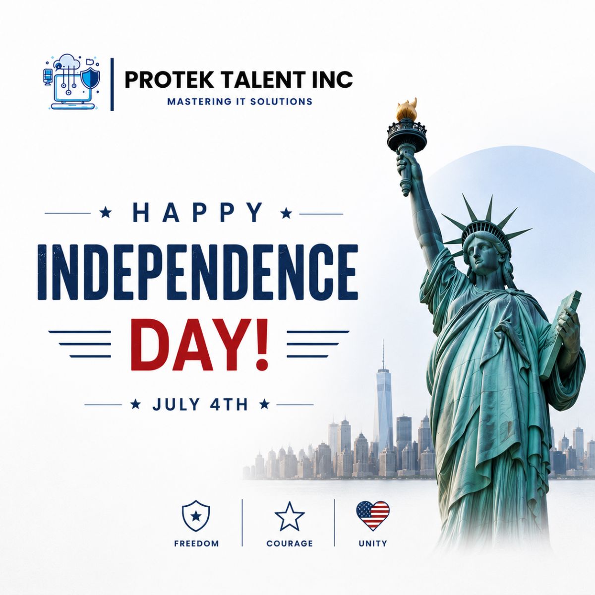 protektalentinc's tweet photo. The legacy of independence continues to inspire bold ideas, meaningful progress, and limitless opportunities. Here's to celebrating the values that move us forward. Happy 4th of July!

#independenceday #USA #redwhiteandblue #Happy4thOfJuly #independenceday2026 #ProtekTalentInc https://t.co/MqFckK1CR3