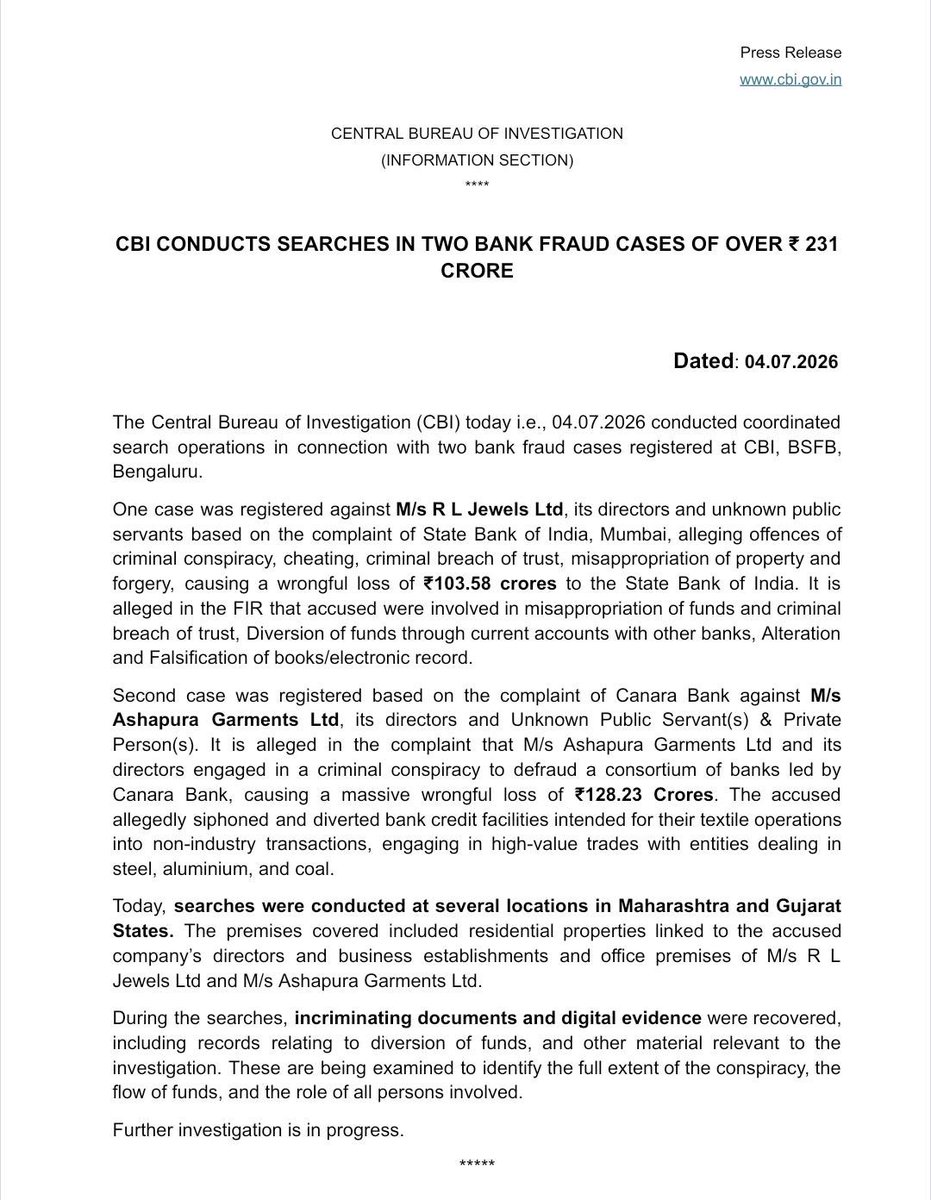 CBIHeadquarters's tweet photo. CBI CONDUCTS SEARCHES IN TWO BANK FRAUD CASES OF OVER ₹ 231 CRORE https://t.co/Q8ap36YN8s