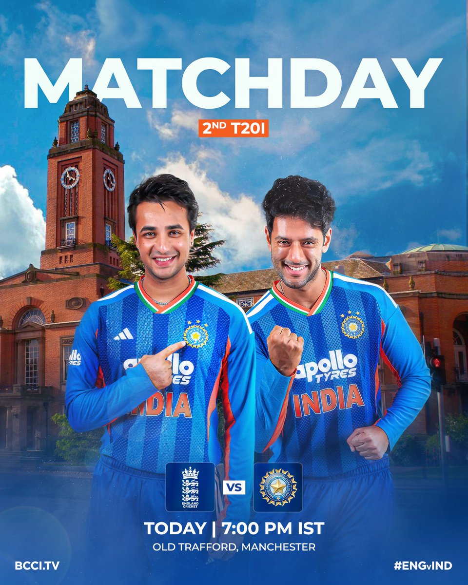 BCCI's tweet photo. Ready to put on a show in Manchester 🔥

📍 Old Trafford
⏰ 7:00 PM IST
💻 https://t.co/hIL8Vefajg
📱 Official BCCI App

#TeamIndia | #ENGvIND https://t.co/kcUq6HeXas