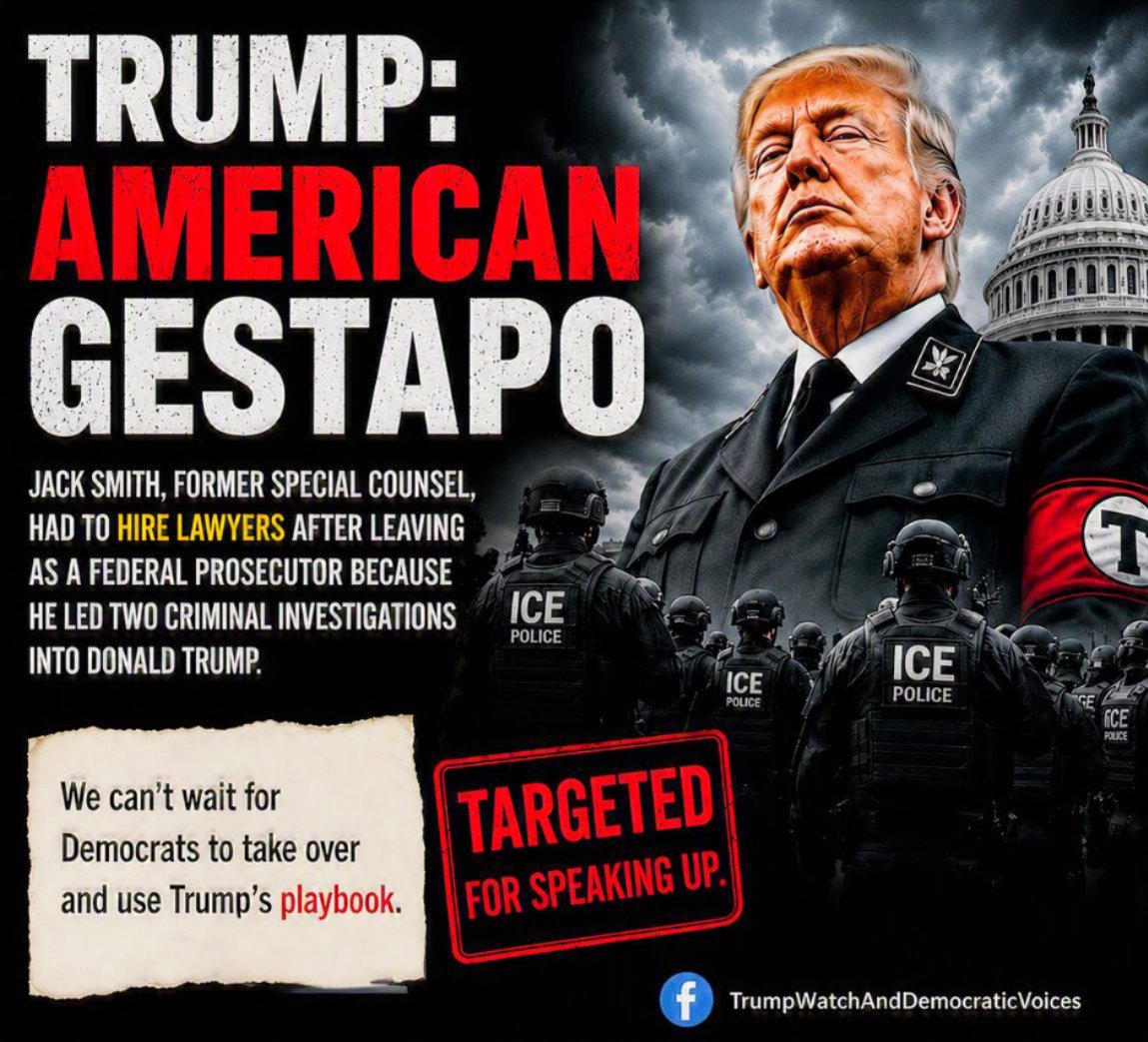TrumpTrackerHQ's tweet photo. 🚨 "Trump: American Gestapo"
Former Special Counsel #JackSmith says he hired a lawyer after leaving office because #Trump said he wanted him jailed for doing his job.
"The retribution is simply staggering."
#Democrats will use Trump's playbook.
Payback is a bitch. https://t.co/lguPojwBdb