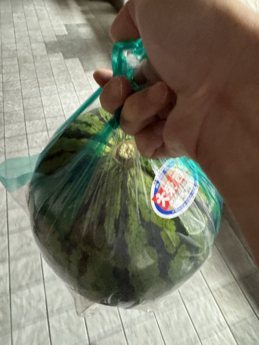 sorascape's tweet photo. スーパーでスイカを見たら食べたくなって買ってしまった。さて頑張ってこれ持って15分歩くか…🚶 https://t.co/FQKsD7fOS0