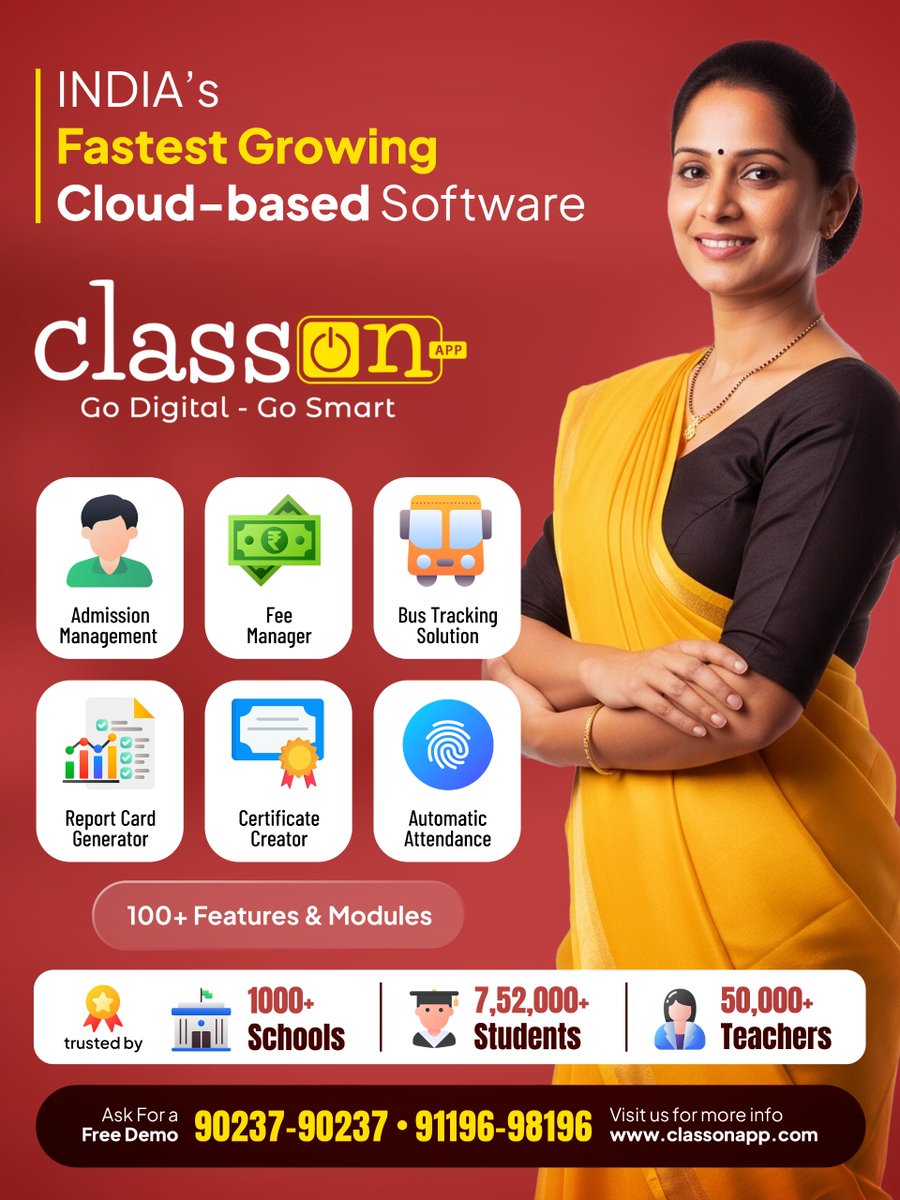 classonapp's tweet photo. Ready to experience seamless, zero-error school administration software? Empower your staff, teachers, and parents today.

📞 Ask for a Free Demo: 90237-90237 / 91196-98196 🌐 Explore more: https://t.co/ccojI3fegM https://t.co/9OY3yju5Rc