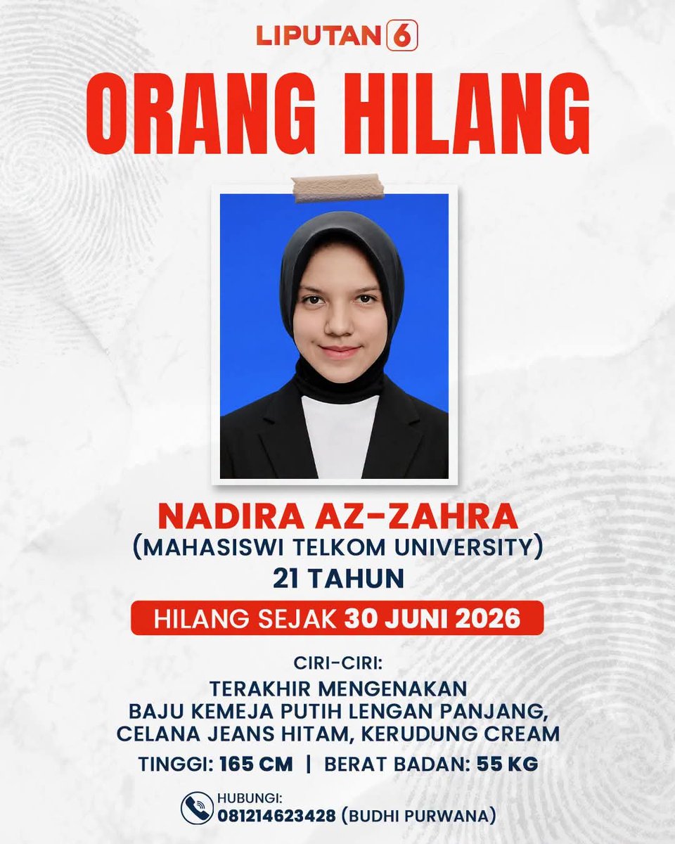 Kosimatkasah's tweet photo. 🚨 INFO ORANG HILANG

Nadira Az-Zahra (21), mahasiswi Telkom University, hilang sejak 30 Juni 2026.

Terakhir terlihat mengenakan kemeja putih, jeans hitam, dan kerudung cream.

Jika memiliki informasi, hubungi Budhi Purwana: 081214623428

Mohon bantu RT  agar Nadira segera ditemukan dalam keadaan selamat. 🙏