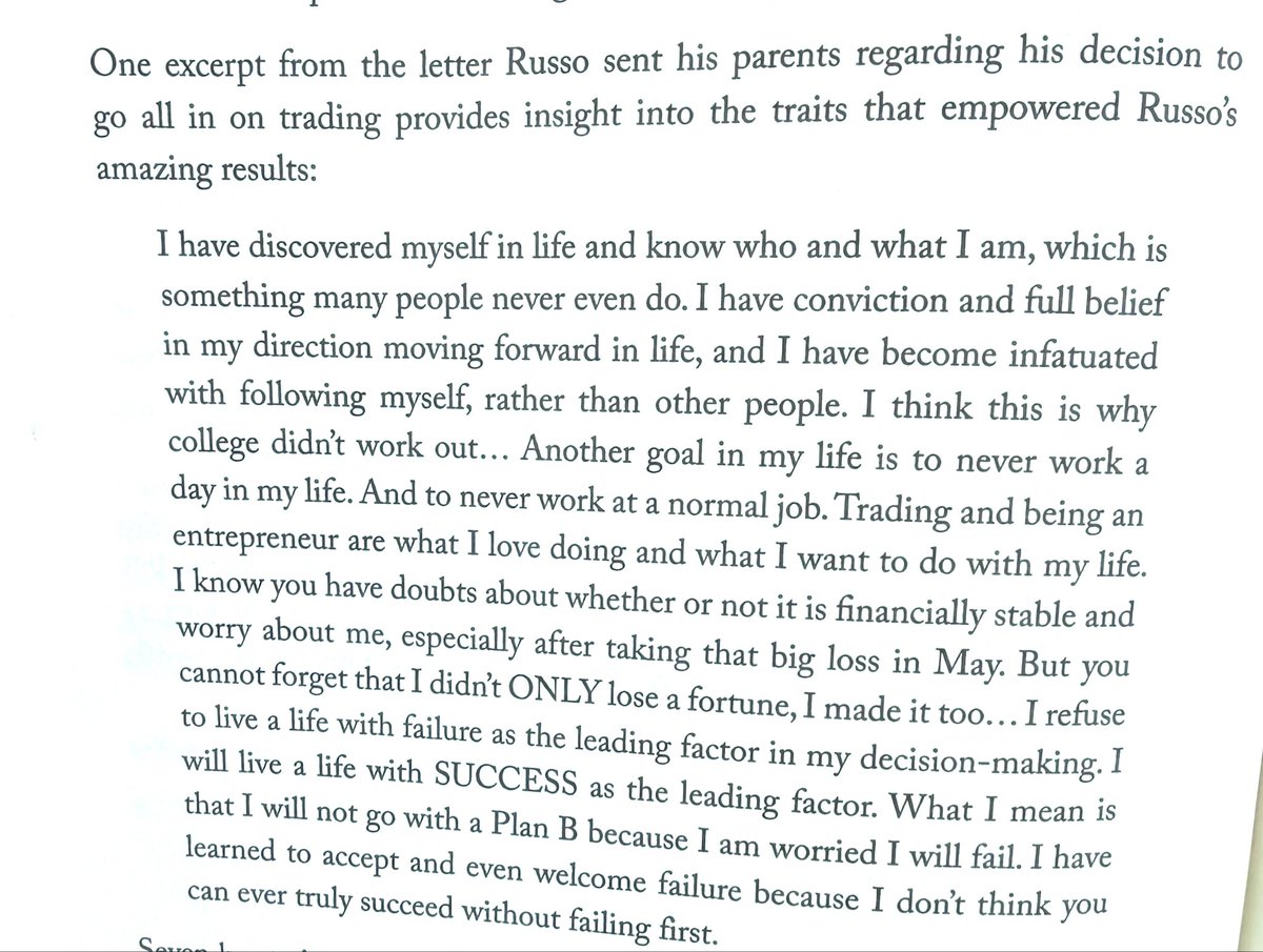 iancassel's tweet photo. Russo isn’t his real name, but built his trading account to $500 million on his own and now devotes a lot of time to philanthropy. Here is a letter he sent his parents when he quit school to go all in on trading even after blowing up his account a few times. 

From Market Wizards https://t.co/nvY2jt8DTU