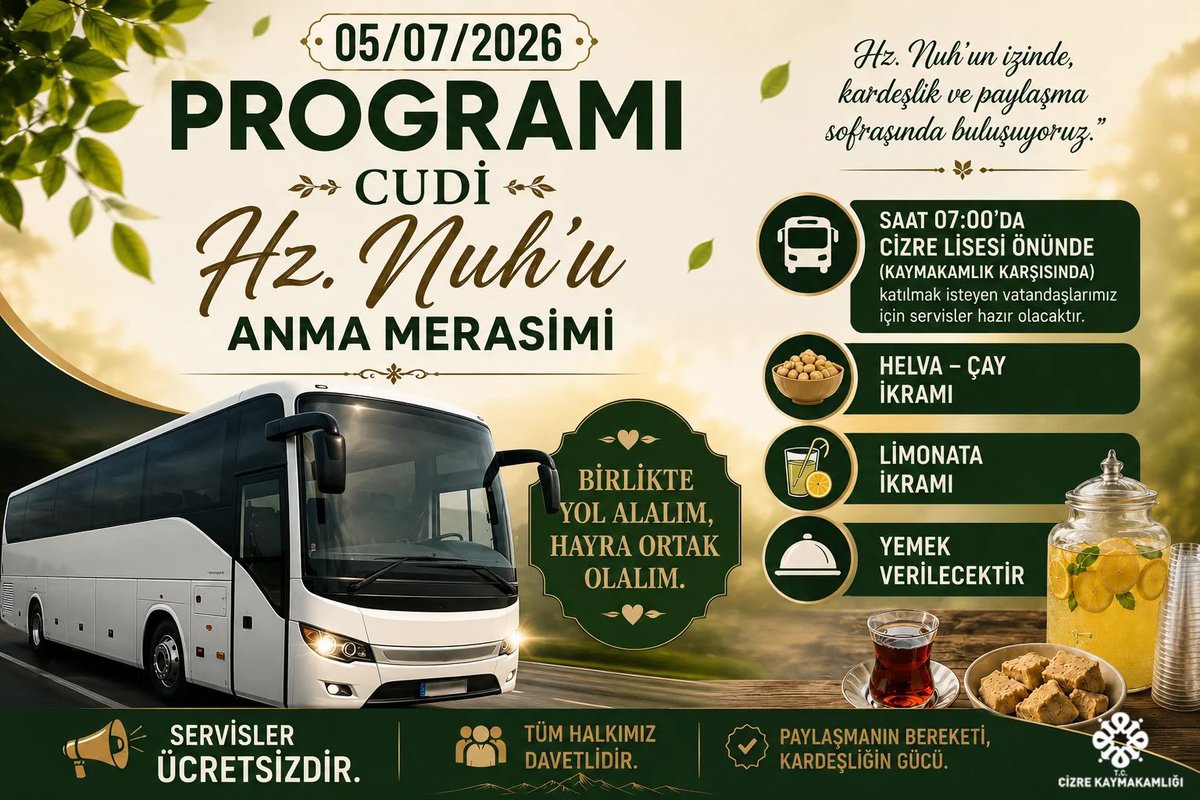 AbdullahCati's tweet photo. DAVET 

Cudi Hz Nuh (as) Anma Günü Merasimi

📍Şırnak Merkez (Belediye Önü)
📍Cizre (Hükümet Konağı Karşısı)
📍Silopi (Nevruz Parkı)

Ücretsiz Servis

⏰: 07.00 den İtibaren Servisler 

🚨Merasim Alanında #MemurSen / #EğitimBirSen Çadırımız ve Standımız Olacaktır.

📢 Tüm üyelerimiz ve halkımız davetlidir.

@SirnakValiligi 
@SirnakBel 
@BirolEkici73 
@Mehmet_Yarka