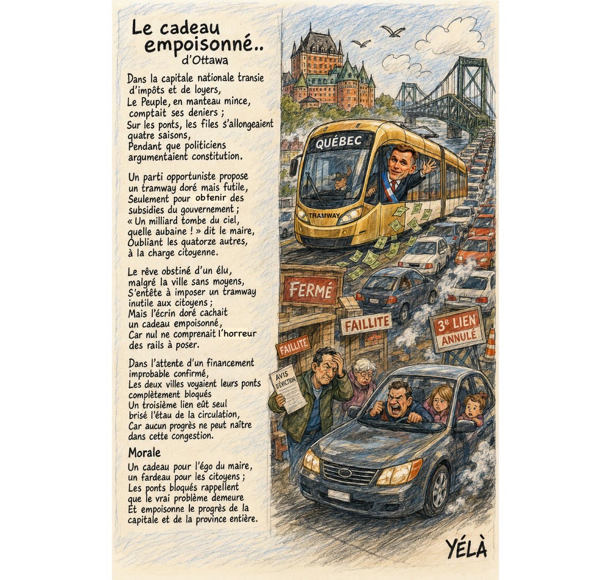 Takebakicitte's tweet photo. Heille Québec!  Le rêve d’un maire, le cauchemar du citoyen . Voici l’histoire du cadeau qu’on n’osait pas déballer…Mais attention cette fable contient des rails, des milliards et beaucoup d’ego. Les contribuables sensibles pourraient s’y reconnaître. #caq #pcq #qs #plq #pspp https://t.co/D7ZDNN8slw