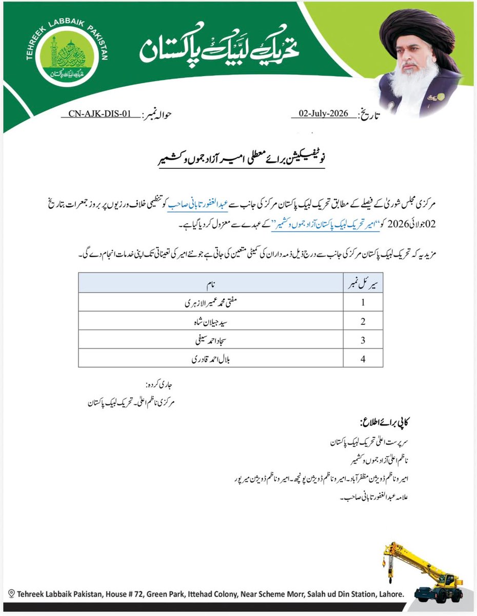 With_SHR_02's tweet photo. کارکنان تحریک لبیک آزاد جموں و کشمیر متوجہ ہوں 
مرکزی مجلس شوری تحریک لبیک  کے متفقہ فیصلہ کے مطابق عبدالغفور تابانی صاحب کو کشمیر کی مرکزی امارت کے عہدے سے ہٹا دیا گیا ہے اور مرکز کی جانب سے کشمیر کے سیاسی و تنظیمی امور کی نگرانی کے لیے درج بالا 4 رکنی کمیٹی تشکیل دے دی گئی ہے https://t.co/F3l81Go09E