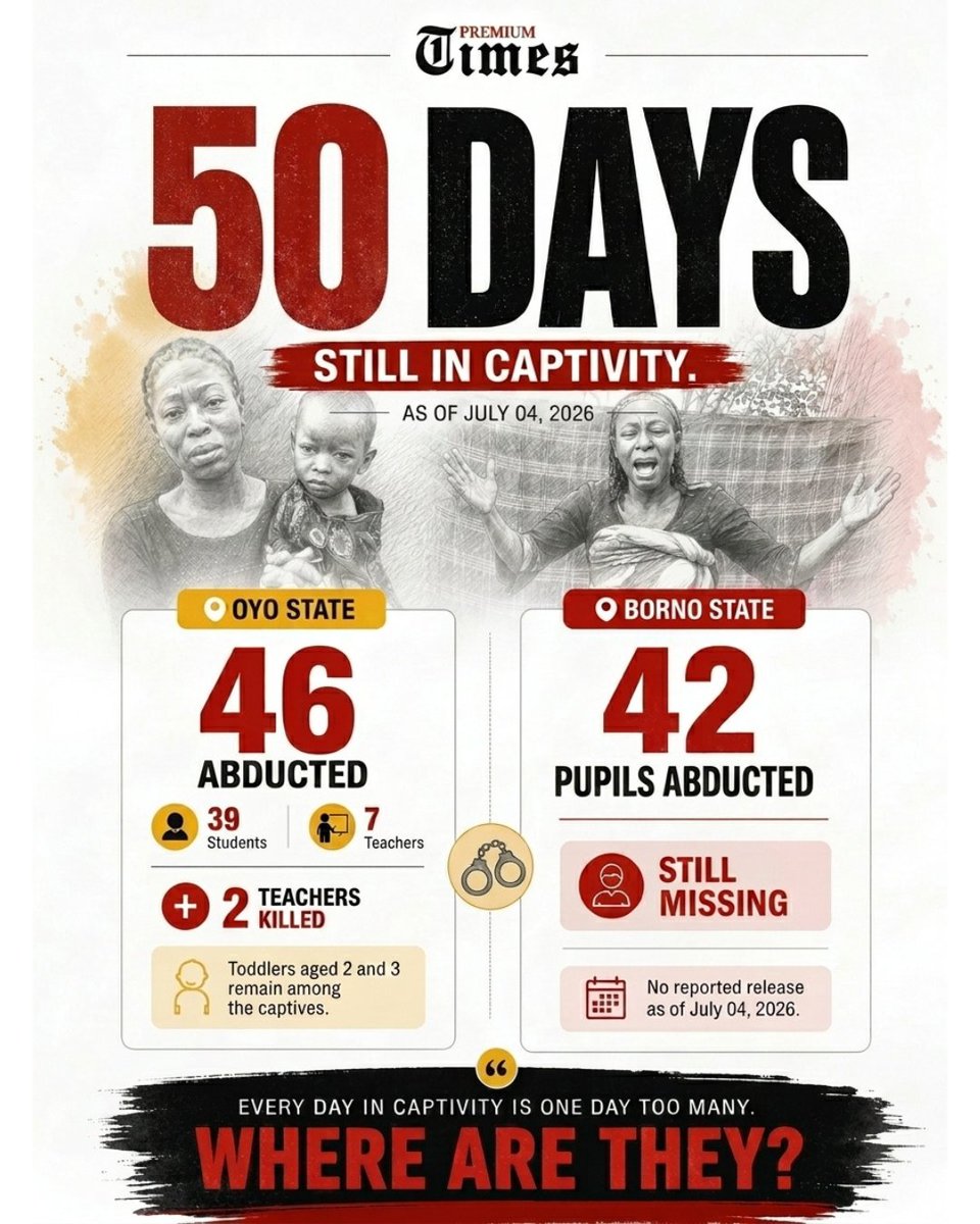 PremiumTimesng's tweet photo. For 50 days, toddlers have known captivity instead of care. Children have known fear instead of classrooms. Teachers have known survival instead of teaching. Nigeria cannot normalise this. https://t.co/URg1Z3ubVs
