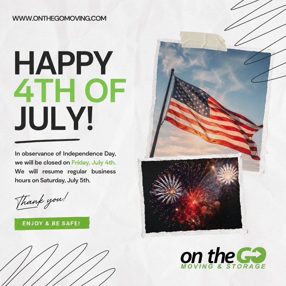 onthegomoving's tweet photo. Happy 4th of July! 🇺🇸 Enjoy a fun and safe holiday. Our team is off today but will be back soon. Need a moving quote? Visit our website! #OnTheGoMoving #FourthOfJuly https://t.co/BO6XBUIB7n