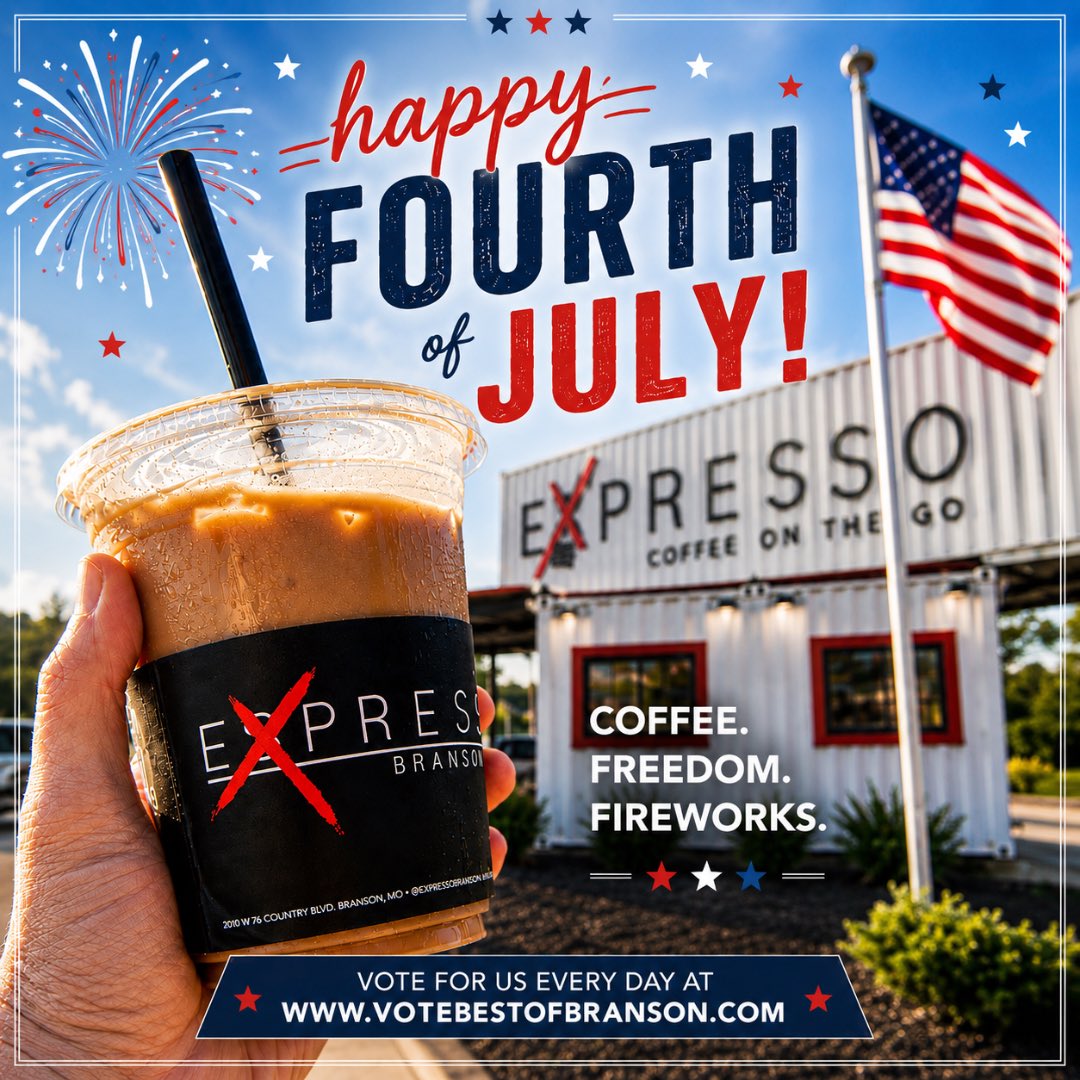 ExpressoBranson's tweet photo. 🇺🇸 Coffee. Freedom. Fireworks.

Not necessarily in that order. 😎

Headed to the lake, the park, or the grill? We’ve got your caffeine covered!

Vote daily: https://t.co/3FCKTWukgD ☕🇺🇸

#expressobranson #blessedandhighlycaffeinated https://t.co/mVx8vzr0SD