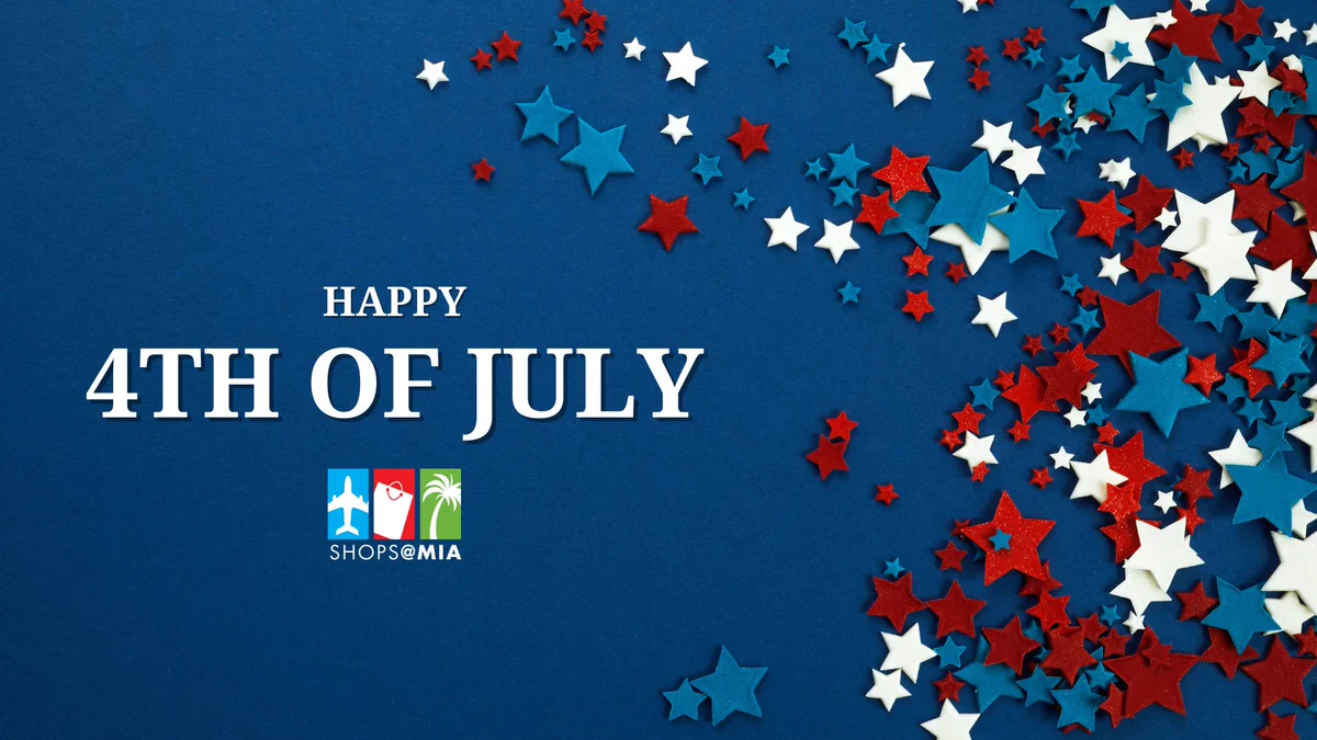 A festive "Happy 4th of July" image with red, white, and blue stars scattered on a dark blue background. The "Shops at MIA" logo is centered below the text.