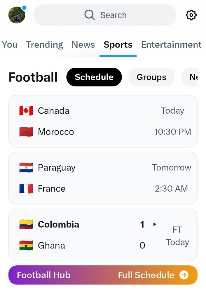 ceilocybin's tweet photo. Twitter 🔍 has this Sports tab where you can check live scores, group standings and stats. 

No need to check google or apps. 

We demand a similar feature for cricket world cups. @elonmusk https://t.co/Ca8Q9kzqEv