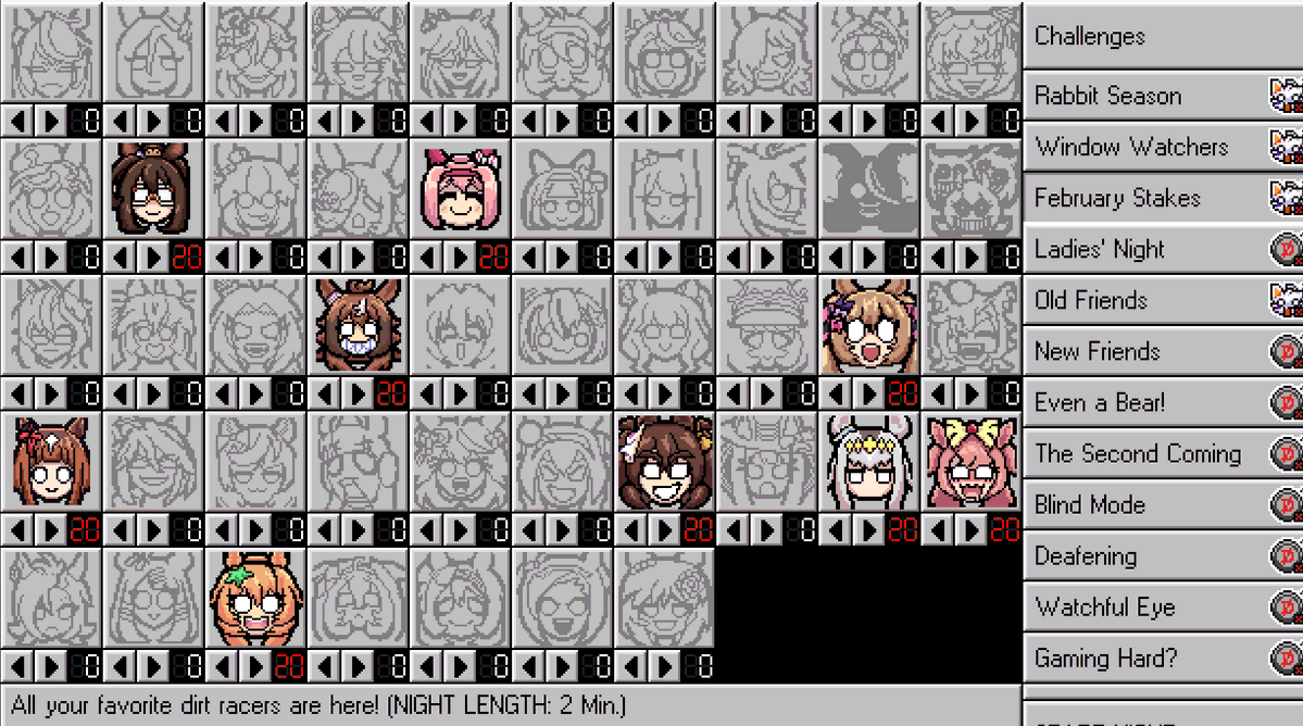 ShmuzyDoozy's tweet photo. Wanted to make this post asking for suggestions for "Umamusume themed Custom Night Challenges" for the #Frickbears3 x #Umamusume mod. The full roster will be shown below with two example challenges I already coded in. Feel free to leave your ideas in the comments <3 https://t.co/it60UjGtRO