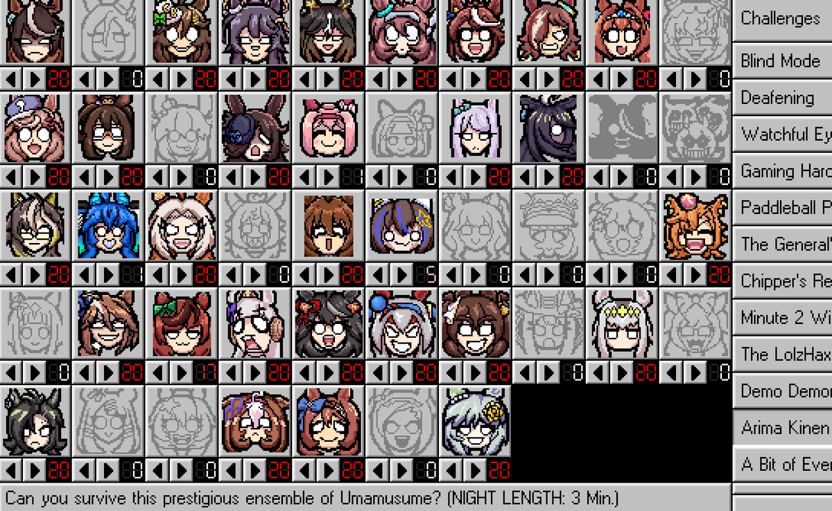 ShmuzyDoozy's tweet photo. Wanted to make this post asking for suggestions for "Umamusume themed Custom Night Challenges" for the #Frickbears3 x #Umamusume mod. The full roster will be shown below with two example challenges I already coded in. Feel free to leave your ideas in the comments <3 https://t.co/it60UjGtRO
