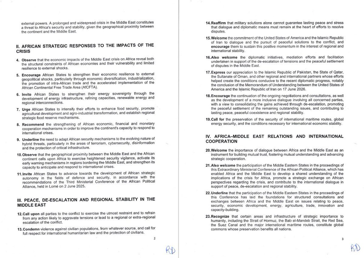 rdussey's tweet photo. FINAL DECLARATION OF THE EXTRAORDINARY MINISTERIAL CONFERENCE OF THE AFRICAN POLITICAL ALLIANCE ON THE THEME: "AFRICA AND THE MIDDLE EAST CRISIS: IMPACTS, CHALLENGES AND STRATEGIC RESPONSES"
 Lomé, 3 July 2026
 @_AfricanUnion 
 #Africanophonie #APA 
#AfricanPoliticalAlliance
#PanafricanCongress
#LomePanafricanCongress
#Panafricanism
#AfricaStrategicResponse
#AfricaAndGlobalSecurity
#AfricanResilience
#PeaceAndDevelopment
#AfricaInGlobalAffairs
#AfricanDiplomacy 
#AfricaMiddleEast #Geopolitics #AfricanDiplomacy #PolicyDialogue #StrategicResponses #Multilateralism 
#GlobalTrade #SupplyChainShocks #Macroeconomics #FoodSecurity #EnergyIndependence #MaritimeSecurity #RedSeaCrisis