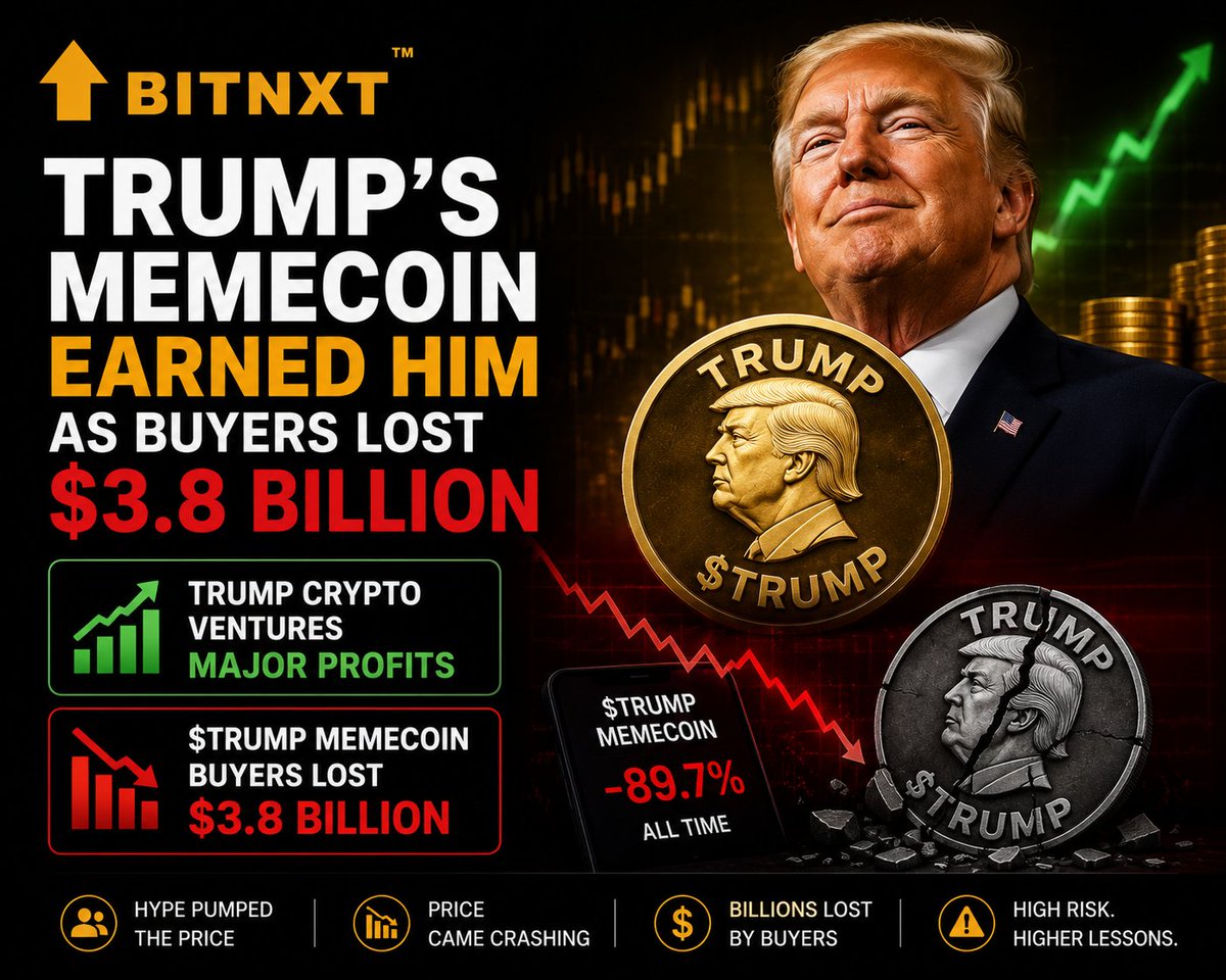 officialbitnxt's tweet photo. Report: Donald Trump's crypto ventures reportedly generated huge profits, while $TRUMP memecoin buyers lost an estimated $3.8B as the token fell from its highs.

Another reminder: hype ≠ guaranteed returns.

#TRUMP #Memecoin #Crypto #Bitcoin #CryptoNews #Blockchain #BitNXT https://t.co/NMNBMgKAKv