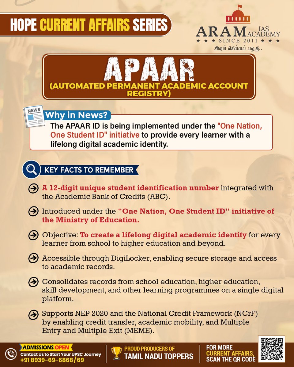 aramias_academy's tweet photo. APAAR (Automated Permanent Academic Account Registry)
#APAAR #AcademicBankOfCredits #NEP2020 #DigitalEducation #StudentID #OneNationOneID #EducationReforms #UGCIndia #MinistryOfEducation #AcademicMobility #HigherEducation #SkillDevelopment #EdTechIndia #DigitalIndia https://t.co/hDoWFtuTYI
