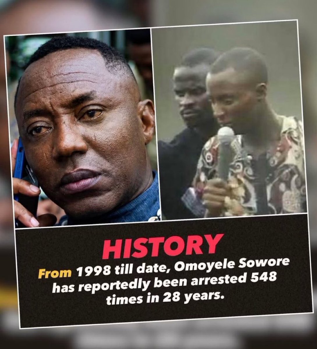 bod_repuplic's tweet photo. From 1998 till date, Omoyele Sowore has reportedly been arrested 548 times in 28 years. https://t.co/Y1yyfCcOkm