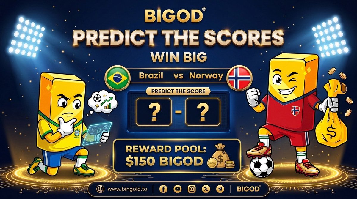 BiGODToken's tweet photo. Brazil vs Norway 

Who will come out on top? Can you predict the exact final score?

🎁 Reward Pool: $150 BIGOD

How to participate:
✅ Follow @BiGODToken
✅ Like & Repost this post
✅ Comment your exact score prediction

Users with the correct prediction will share the $150 BIGOD Reward Pool

Predictions close before kick-off